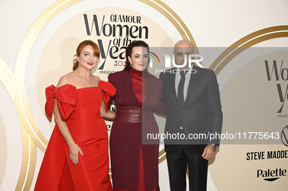 (L-R) Samantha Barry, Farah Slim, and Javier Esteban attend the red carpet for Glamour Women of The Year 2024 at the Four Seasons Hotel in M...