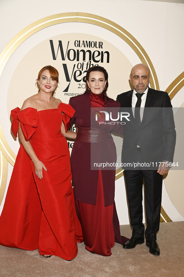 (L-R) Samantha Barry, Farah Slim, and Javier Esteban attend the red carpet for Glamour Women of The Year 2024 at the Four Seasons Hotel in M...