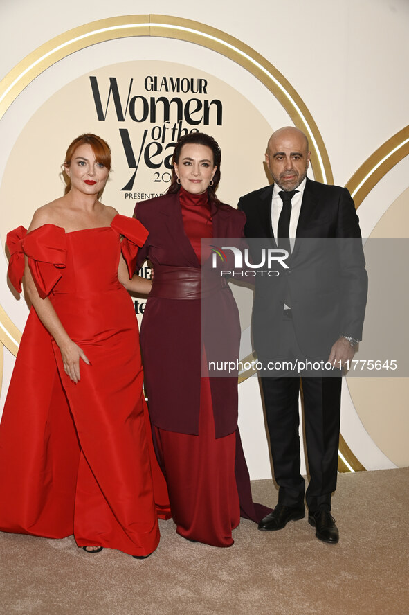 (L-R) Samantha Barry, Farah Slim, and Javier Esteban attend the red carpet for Glamour Women of The Year 2024 at the Four Seasons Hotel in M...