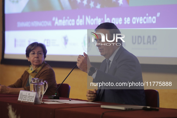 Marcelo Ebrard, Secretary of Economy, delivers a speech as part of the International Seminar ''North America: what lies ahead'', where he di...