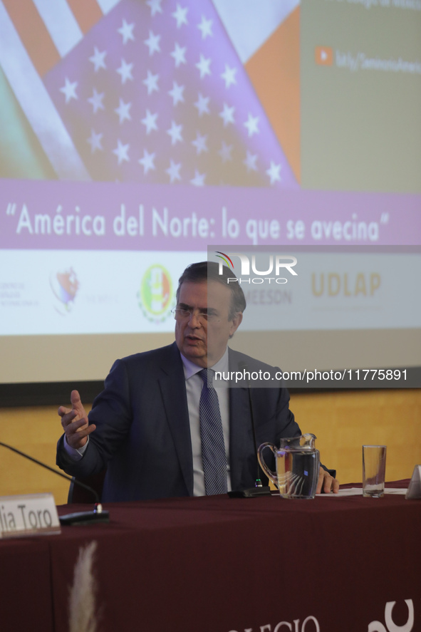 Marcelo Ebrard, Secretary of Economy, delivers a speech as part of the International Seminar ''North America: what lies ahead'', where he di...