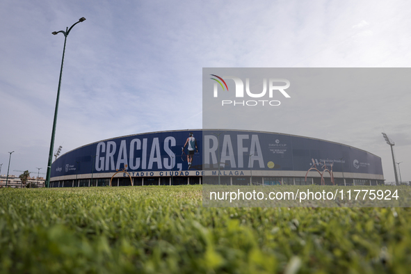 A banner with the slogan ''Thank you Rafa'' pays tribute to Rafael Nadal for his retirement from tennis during the Billie Jean King Cup matc...