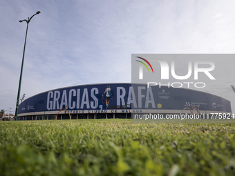 A banner with the slogan ''Thank you Rafa'' pays tribute to Rafael Nadal for his retirement from tennis during the Billie Jean King Cup matc...