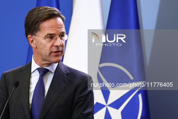 NATO Secretary General Mark Rutte during the press conference after his meeting with Polish Prime Minister Donald Tusk in Warsaw, Poland on...