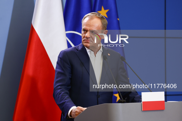 Polish Prime Minister Donald Tusk during the press conference after his meeting with NATO Secretary General Mark Rutte in Warsaw, Poland on...