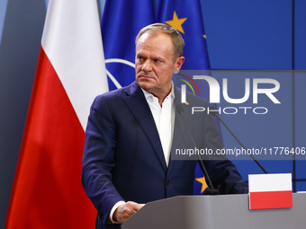 Polish Prime Minister Donald Tusk during the press conference after his meeting with NATO Secretary General Mark Rutte in Warsaw, Poland on...