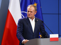 Polish Prime Minister Donald Tusk during the press conference after his meeting with NATO Secretary General Mark Rutte in Warsaw, Poland on...