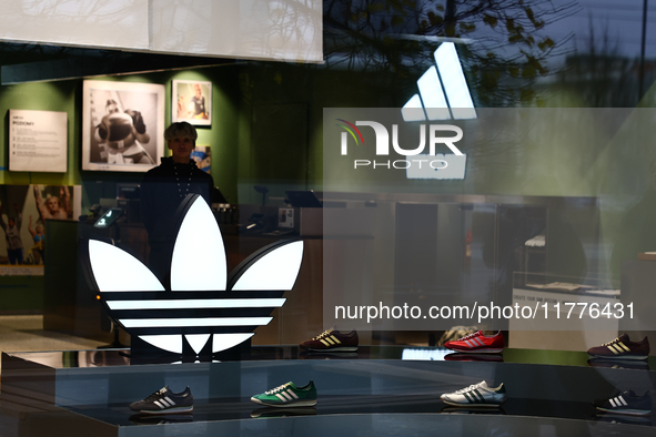 Adidas logos are seen at the in Warsaw, Poland on November 13, 2024. 