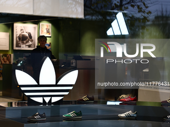 Adidas logos are seen at the in Warsaw, Poland on November 13, 2024. (