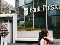 PKO Bank Polski logo is seen on Rotunda building in Warsaw, Poland on November 13, 2024. (