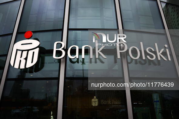 PKO Bank Polski logo is seen on Rotunda building in Warsaw, Poland on November 13, 2024. 