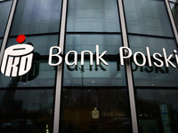 PKO Bank Polski logo is seen on Rotunda building in Warsaw, Poland on November 13, 2024. (