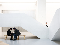 Visitors sit inside the Museum of Modern Art in Warsaw in Warsaw, Poland on November 14, 2024. (