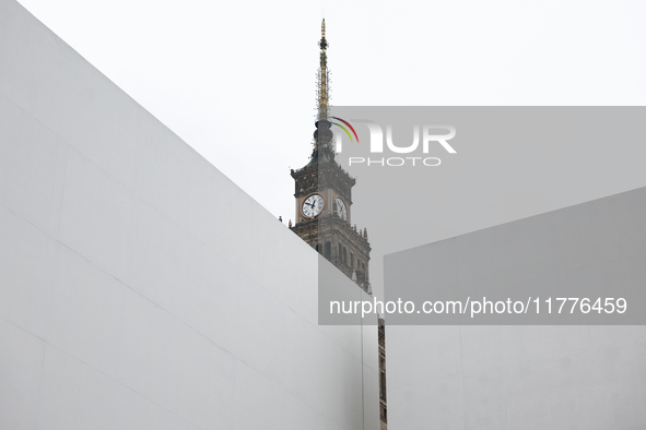 A view of the Museum of Modern Art and the Palace of the Culture and Science in Warsaw in Warsaw, Poland on November 14, 2024. 