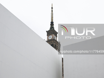 A view of the Museum of Modern Art and the Palace of the Culture and Science in Warsaw in Warsaw, Poland on November 14, 2024. (