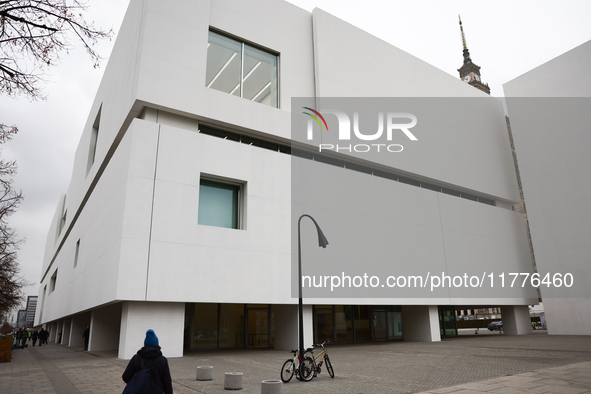 A view of the Museum of Modern Art and the Palace of the Culture and Science in Warsaw in Warsaw, Poland on November 14, 2024. 