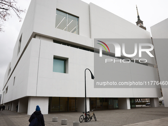 A view of the Museum of Modern Art and the Palace of the Culture and Science in Warsaw in Warsaw, Poland on November 14, 2024. (