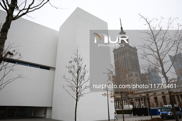 A view of the Museum of Modern Art and the Palace of the Culture and Science in Warsaw in Warsaw, Poland on November 14, 2024. 