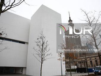 A view of the Museum of Modern Art and the Palace of the Culture and Science in Warsaw in Warsaw, Poland on November 14, 2024. (