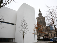 A view of the Museum of Modern Art and the Palace of the Culture and Science in Warsaw in Warsaw, Poland on November 14, 2024. (