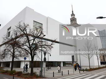 A view of the Museum of Modern Art and the Palace of the Culture and Science in Warsaw in Warsaw, Poland on November 14, 2024. (