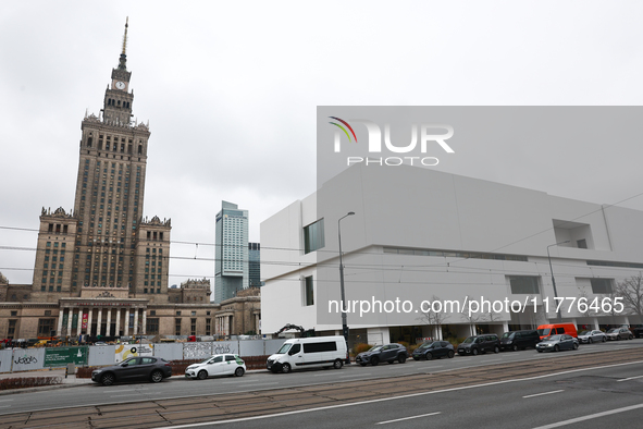 A view of the Palace of the Culture and Science and the Museum of Modern Art in Warsaw in Warsaw, Poland on November 14, 2024. 