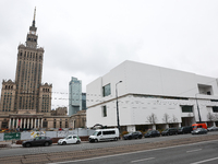 A view of the Palace of the Culture and Science and the Museum of Modern Art in Warsaw in Warsaw, Poland on November 14, 2024. (