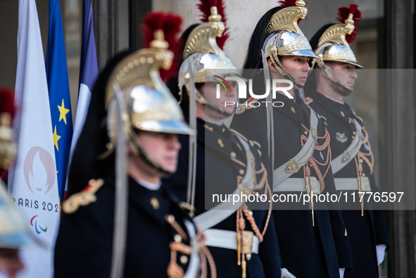 A Presidential Guard stands at the Elysee Palace during the state visit of Ghanaian President Nana Akufo-Addo for a bilateral summit with Em...