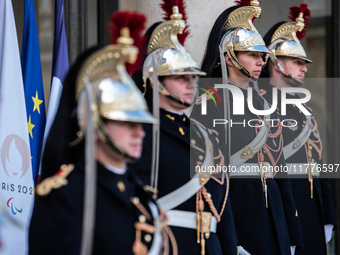 A Presidential Guard stands at the Elysee Palace during the state visit of Ghanaian President Nana Akufo-Addo for a bilateral summit with Em...