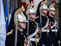 A Presidential Guard stands at the Elysee Palace during the state visit of Ghanaian President Nana Akufo-Addo for a bilateral summit with Em...