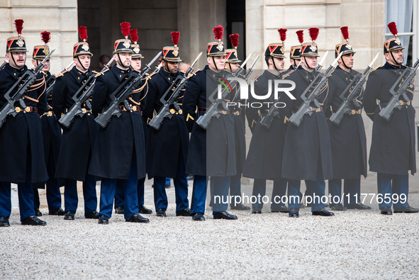 A Presidential Guard stands at the Elysee Palace during the state visit of Ghanaian President Nana Akufo-Addo for a bilateral summit with Em...