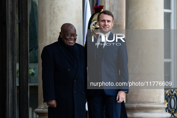 President of the French Republic Emmanuel Macron welcomes Ghanaian President Nana Akufo-Addo to the Elysee Palace for a bilateral summit in...