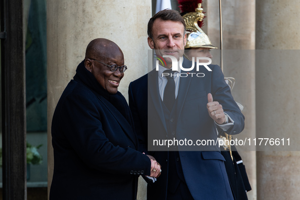 President of the French Republic Emmanuel Macron welcomes Ghanaian President Nana Akufo-Addo to the Elysee Palace for a bilateral summit in...