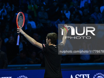 Taylor Fritz (USA) wins against Alex de Minaur (AUS) during day five of the Nitto ATP Finals 2024 at Inalpi Arena in Turin, Italy, on Novemb...