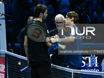 Taylor Fritz (USA) wins against Alex de Minaur (AUS) during day five of the Nitto ATP Finals 2024 at Inalpi Arena in Turin, Italy, on Novemb...