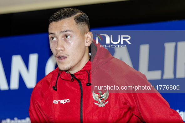 Jay Noah Idzes of Indonesia speaks during a press conference before facing the Japan national team during the FIFA World Cup Asian 3rd Quali...