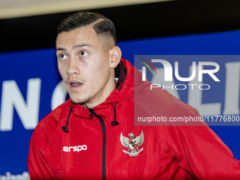 Jay Noah Idzes of Indonesia speaks during a press conference before facing the Japan national team during the FIFA World Cup Asian 3rd Quali...