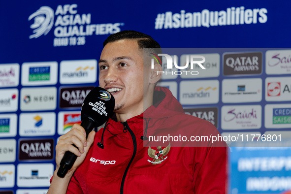 Jay Noah Idzes of Indonesia speaks during a press conference before facing the Japan national team during the FIFA World Cup Asian 3rd Quali...