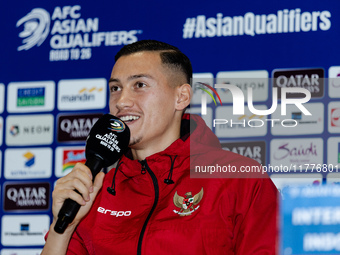 Jay Noah Idzes of Indonesia speaks during a press conference before facing the Japan national team during the FIFA World Cup Asian 3rd Quali...