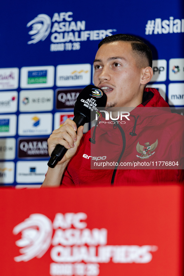 Jay Noah Idzes of Indonesia speaks during a press conference before facing the Japan national team during the FIFA World Cup Asian 3rd Quali...