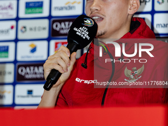 Jay Noah Idzes of Indonesia speaks during a press conference before facing the Japan national team during the FIFA World Cup Asian 3rd Quali...