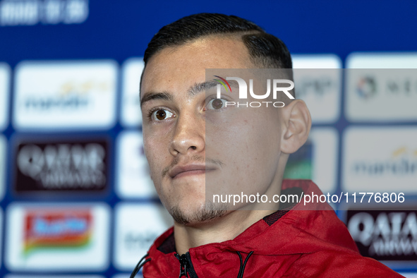 Jay Noah Idzes of Indonesia speaks during a press conference before facing the Japan national team during the FIFA World Cup Asian 3rd Quali...