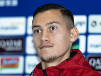 Jay Noah Idzes of Indonesia speaks during a press conference before facing the Japan national team during the FIFA World Cup Asian 3rd Quali...