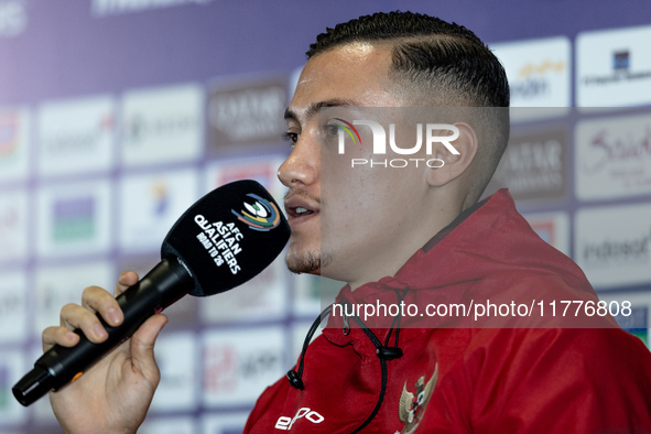 Jay Noah Idzes of Indonesia speaks during a press conference before facing the Japan national team during the FIFA World Cup Asian 3rd Quali...