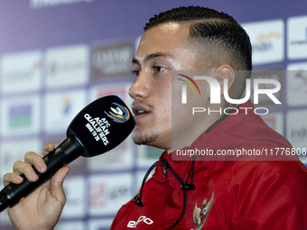 Jay Noah Idzes of Indonesia speaks during a press conference before facing the Japan national team during the FIFA World Cup Asian 3rd Quali...