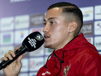 Jay Noah Idzes of Indonesia speaks during a press conference before facing the Japan national team during the FIFA World Cup Asian 3rd Quali...