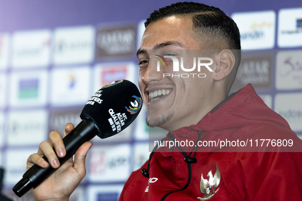 Jay Noah Idzes of Indonesia speaks during a press conference before facing the Japan national team during the FIFA World Cup Asian 3rd Quali...