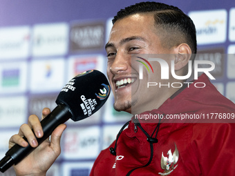 Jay Noah Idzes of Indonesia speaks during a press conference before facing the Japan national team during the FIFA World Cup Asian 3rd Quali...