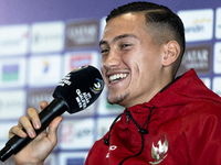 Jay Noah Idzes of Indonesia speaks during a press conference before facing the Japan national team during the FIFA World Cup Asian 3rd Quali...