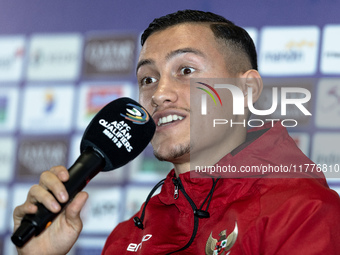 Jay Noah Idzes of Indonesia speaks during a press conference before facing the Japan national team during the FIFA World Cup Asian 3rd Quali...